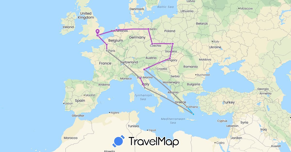 TravelMap itinerary: plane, train, boat in Czech Republic, Germany, France, United Kingdom, Greece, Hungary, Italy, Netherlands, Poland (Europe)